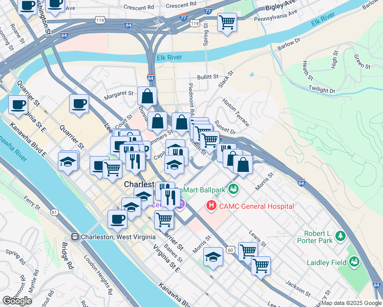 map of restaurants, bars, coffee shops, grocery stores, and more near 607 Shrewsbury Street in Charleston