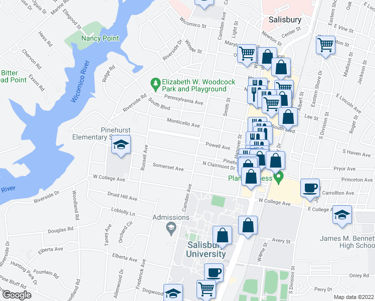 map of restaurants, bars, coffee shops, grocery stores, and more near 403 Pinehurst Avenue in Salisbury