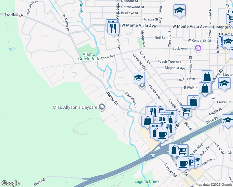 map of restaurants, bars, coffee shops, grocery stores, and more near 490 Edgewood Drive in Vacaville