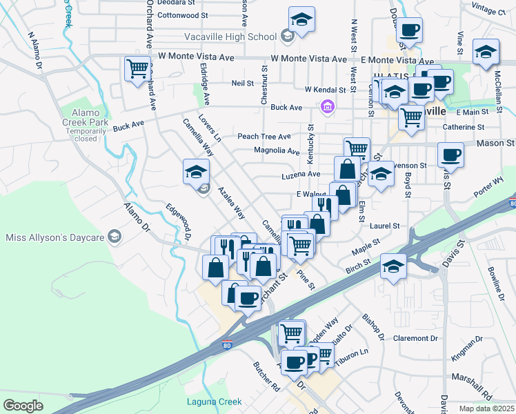 map of restaurants, bars, coffee shops, grocery stores, and more near 711 Camellia Way in Vacaville