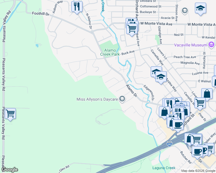 map of restaurants, bars, coffee shops, grocery stores, and more near 401 Sandstone Drive in Vacaville