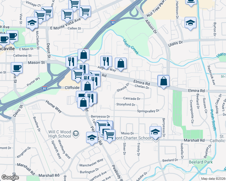 map of restaurants, bars, coffee shops, grocery stores, and more near 146 Del Rio Court in Vacaville
