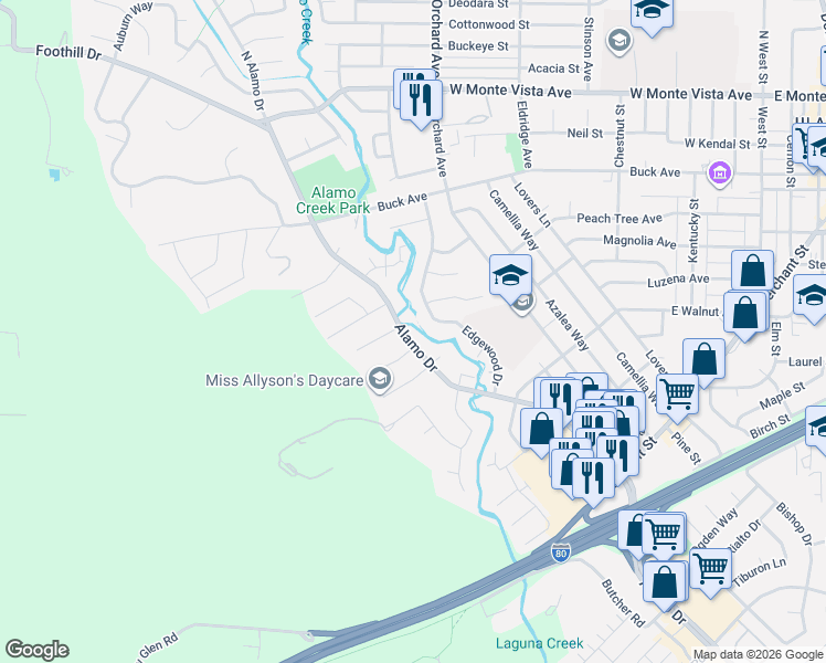 map of restaurants, bars, coffee shops, grocery stores, and more near 451 Alamo Drive in Vacaville