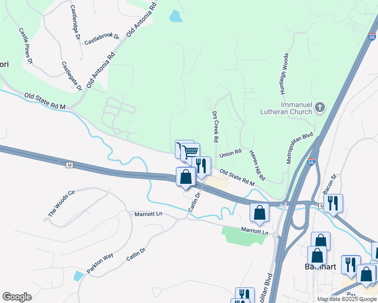 map of restaurants, bars, coffee shops, grocery stores, and more near 1735 Old State Road M in Barnhart