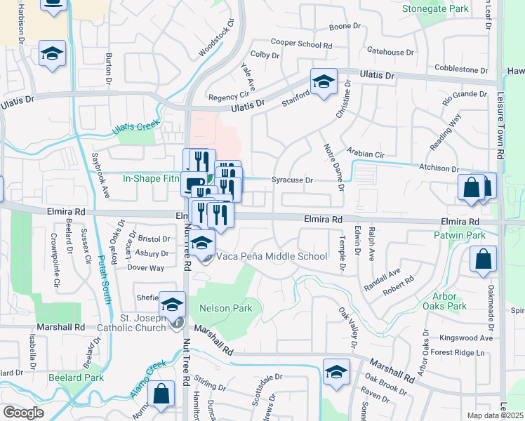 map of restaurants, bars, coffee shops, grocery stores, and more near 1055 Syracuse Circle in Vacaville