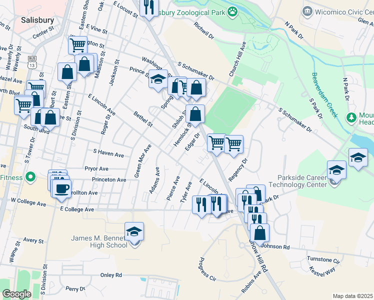 map of restaurants, bars, coffee shops, grocery stores, and more near 716 Edgar Drive in Salisbury