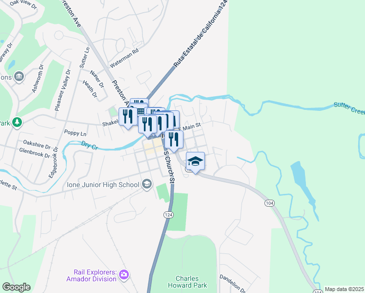 map of restaurants, bars, coffee shops, grocery stores, and more near 109 North Arroyo Seco Street in Ione