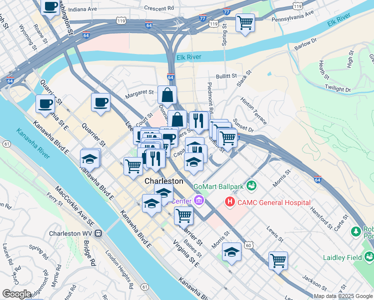 map of restaurants, bars, coffee shops, grocery stores, and more near 810 Donnally Street in Charleston