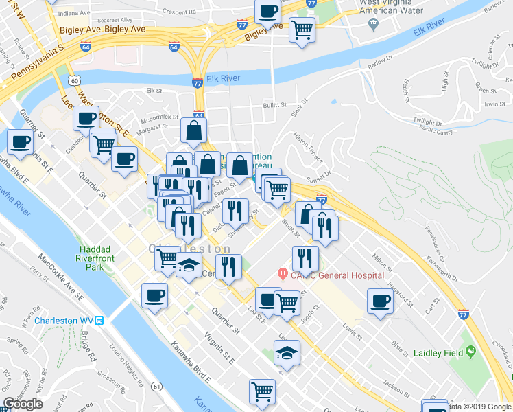 map of restaurants, bars, coffee shops, grocery stores, and more near 609 Shrewsbury Street in Charleston