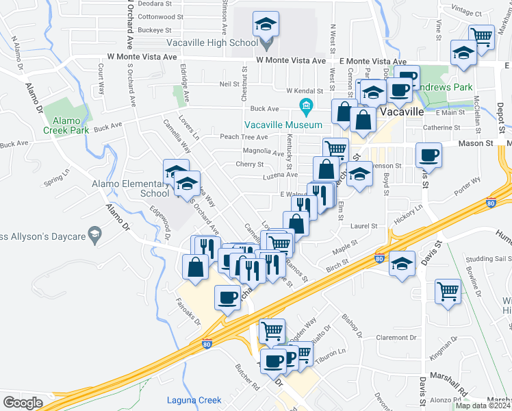 map of restaurants, bars, coffee shops, grocery stores, and more near 370 Almond Street in Vacaville