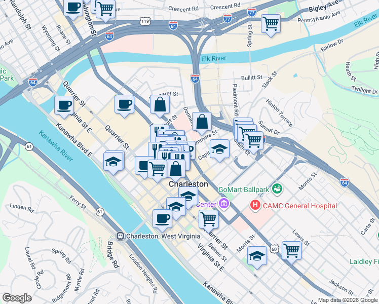 map of restaurants, bars, coffee shops, grocery stores, and more near 1000 Washington Street East in Charleston