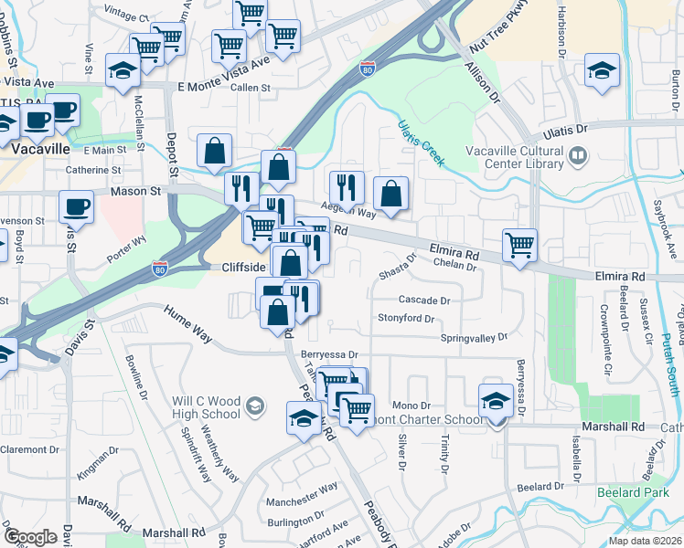map of restaurants, bars, coffee shops, grocery stores, and more near 152 Del Rio Circle in Vacaville