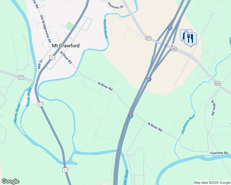 map of restaurants, bars, coffee shops, grocery stores, and more near 476 North River Road in Mount Crawford
