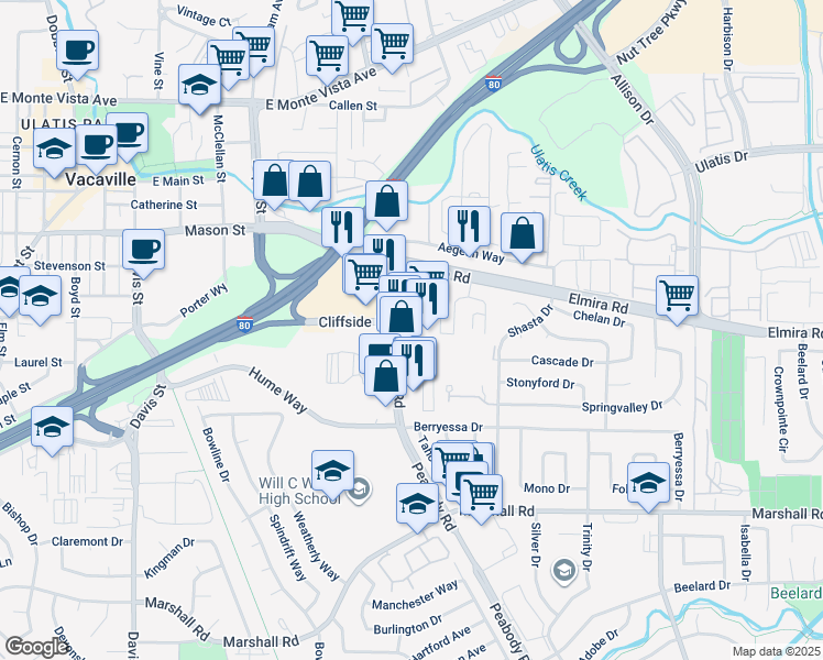 map of restaurants, bars, coffee shops, grocery stores, and more near 151 Peabody Road in Vacaville
