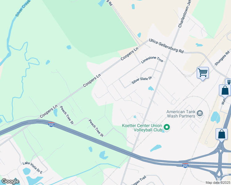 map of restaurants, bars, coffee shops, grocery stores, and more near 4158 Silver Slate Drive in Jeffersonville