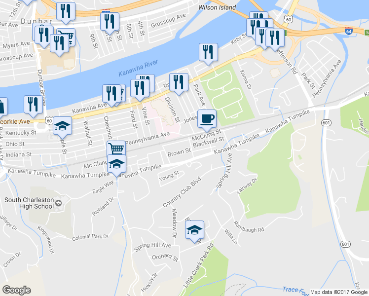 map of restaurants, bars, coffee shops, grocery stores, and more near 4510 Alley in South Charleston