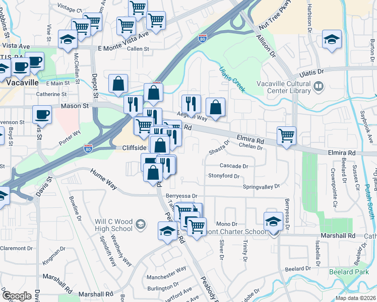 map of restaurants, bars, coffee shops, grocery stores, and more near 152 Del Rio Circle in Vacaville