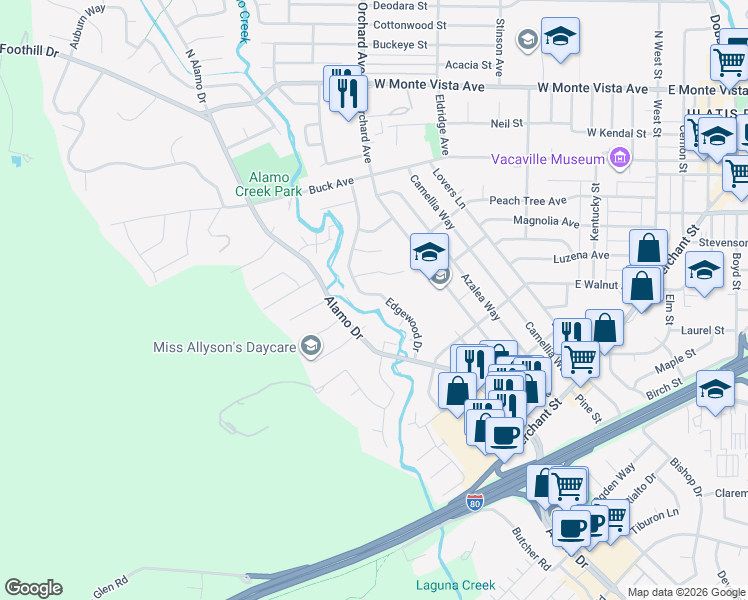 map of restaurants, bars, coffee shops, grocery stores, and more near 490 Edgewood Drive in Vacaville