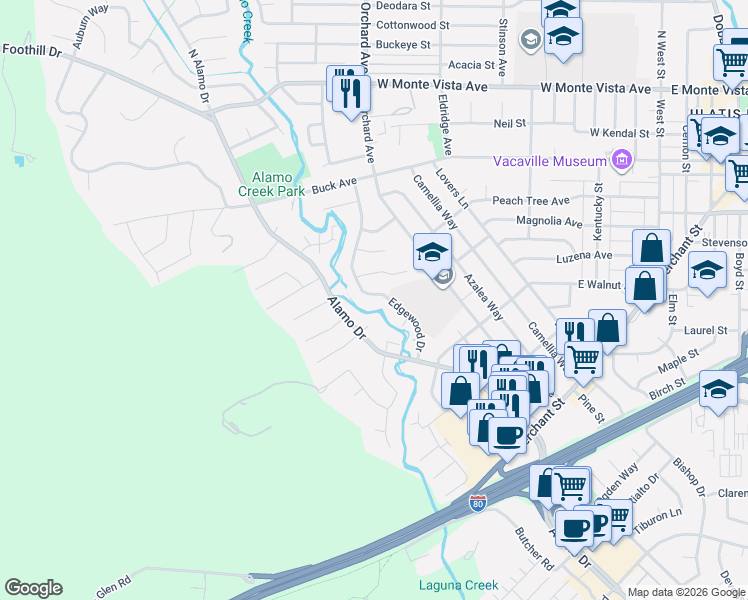 map of restaurants, bars, coffee shops, grocery stores, and more near 490 Edgewood Drive in Vacaville