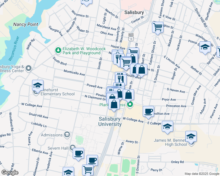 map of restaurants, bars, coffee shops, grocery stores, and more near 119 Cynthia Place in Salisbury