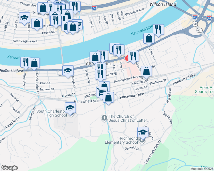 map of restaurants, bars, coffee shops, grocery stores, and more near 624 Chestnut Street in South Charleston