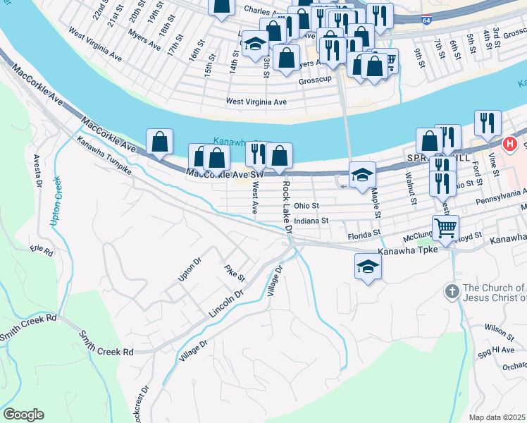 map of restaurants, bars, coffee shops, grocery stores, and more near 5401 West Avenue in South Charleston