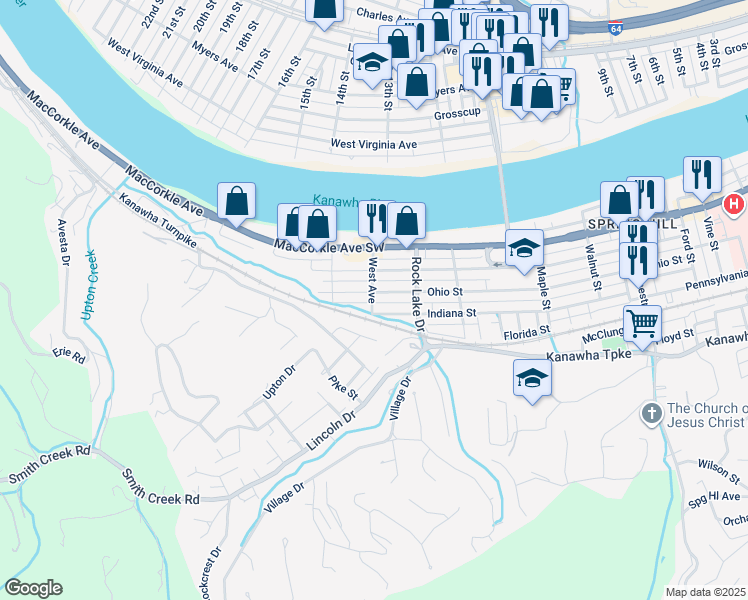map of restaurants, bars, coffee shops, grocery stores, and more near 5401 West Avenue in South Charleston
