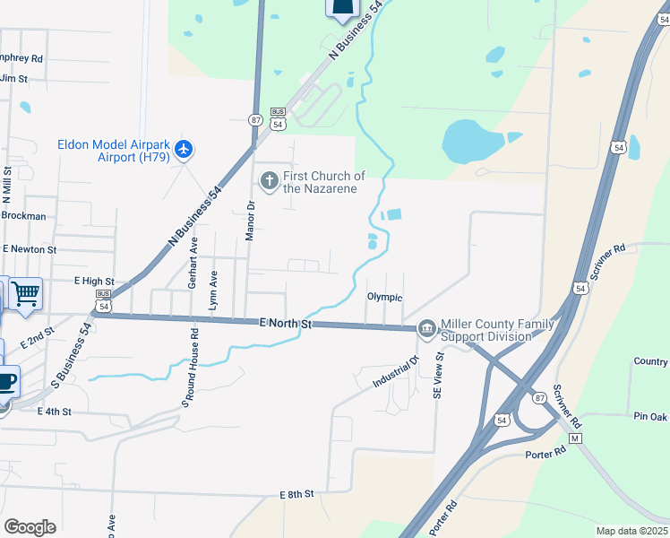 map of restaurants, bars, coffee shops, grocery stores, and more near 1205 Jones Avenue in Eldon