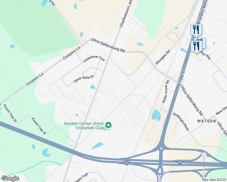 map of restaurants, bars, coffee shops, grocery stores, and more near 4119 Jessica Circle in Jeffersonville