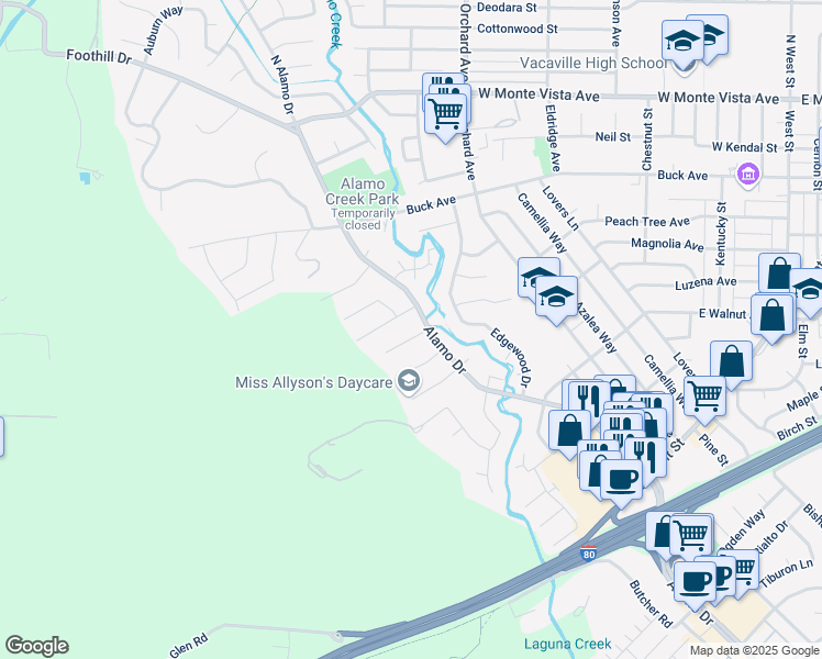 map of restaurants, bars, coffee shops, grocery stores, and more near 489 Oak View Drive in Vacaville