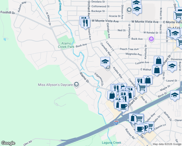 map of restaurants, bars, coffee shops, grocery stores, and more near 490 Edgewood Drive in Vacaville