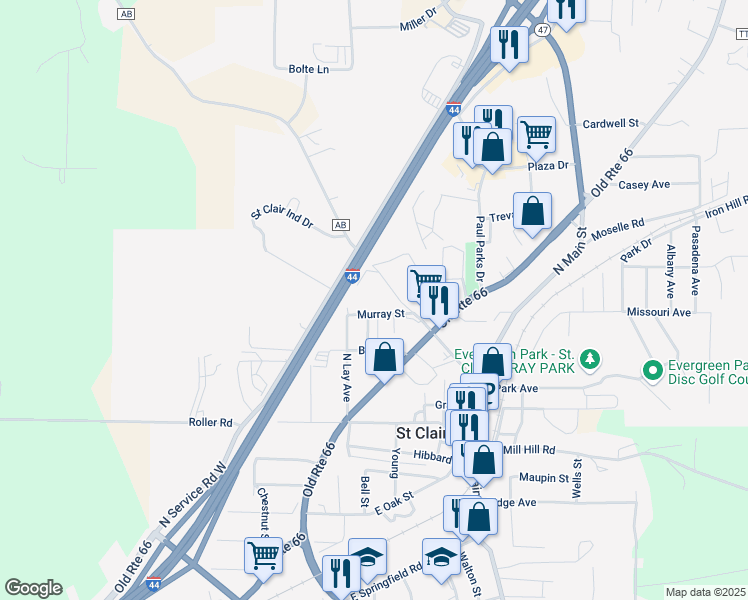 map of restaurants, bars, coffee shops, grocery stores, and more near 225 Murray Street in Saint Clair