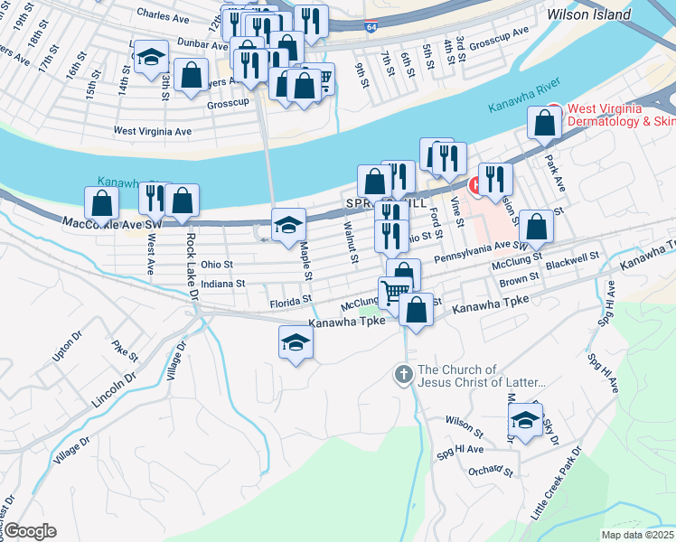 map of restaurants, bars, coffee shops, grocery stores, and more near 5014 Indiana St in Charleston