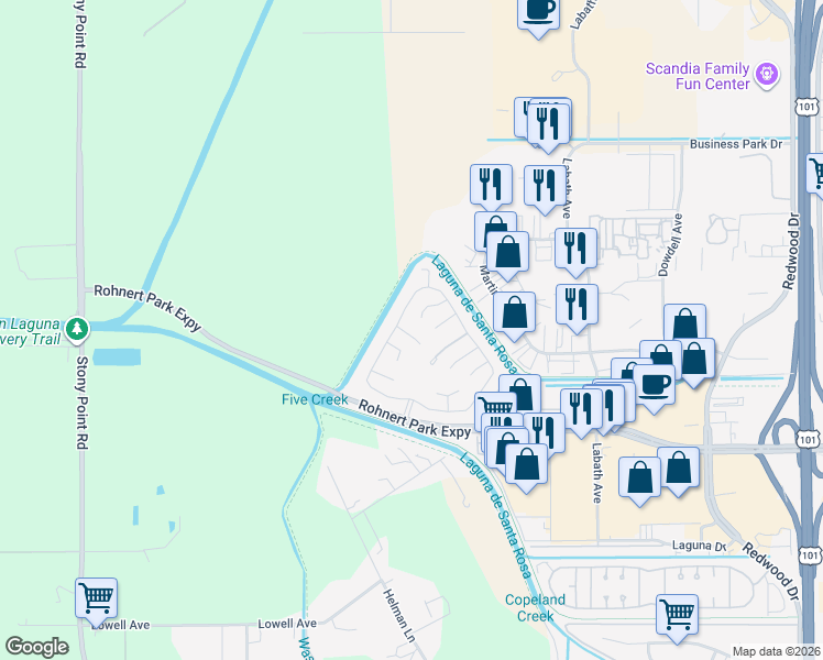 map of restaurants, bars, coffee shops, grocery stores, and more near 707 Corte Blanco in Rohnert Park