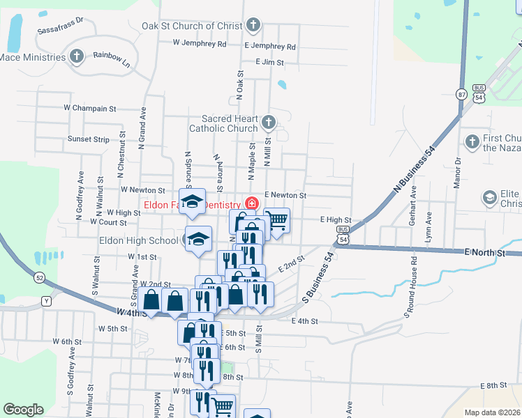 map of restaurants, bars, coffee shops, grocery stores, and more near 205 North Mill Street in Eldon