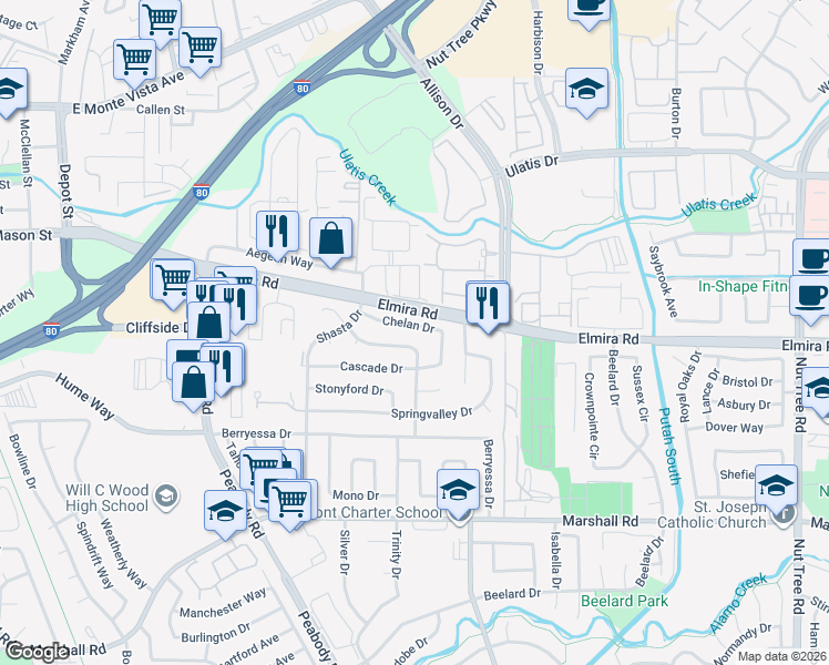 map of restaurants, bars, coffee shops, grocery stores, and more near 391 Chelan Drive in Vacaville