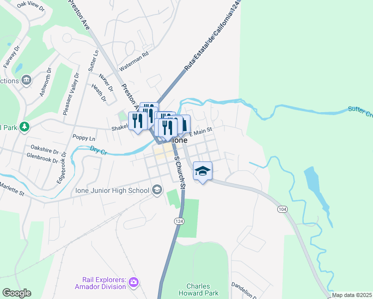 map of restaurants, bars, coffee shops, grocery stores, and more near 109 North Arroyo Seco Street in Ione