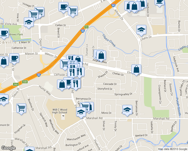 map of restaurants, bars, coffee shops, grocery stores, and more near 146 Del Rio Court in Vacaville