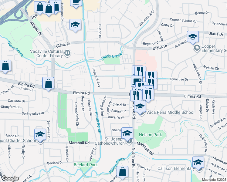 map of restaurants, bars, coffee shops, grocery stores, and more near 166 Saybrook Avenue in Vacaville