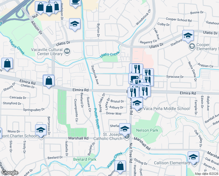 map of restaurants, bars, coffee shops, grocery stores, and more near 166 Saybrook Avenue in Vacaville