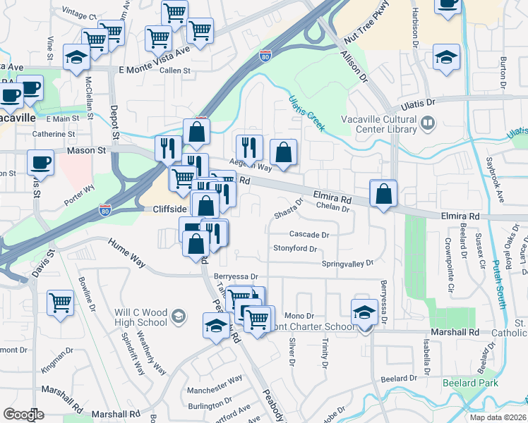 map of restaurants, bars, coffee shops, grocery stores, and more near 146 Del Rio Court in Vacaville
