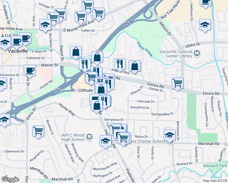map of restaurants, bars, coffee shops, grocery stores, and more near 152 Del Rio Circle in Vacaville
