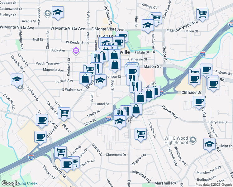 map of restaurants, bars, coffee shops, grocery stores, and more near 505 Pecan Street in Vacaville