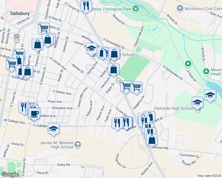 map of restaurants, bars, coffee shops, grocery stores, and more near 716 Edgar Drive in Salisbury