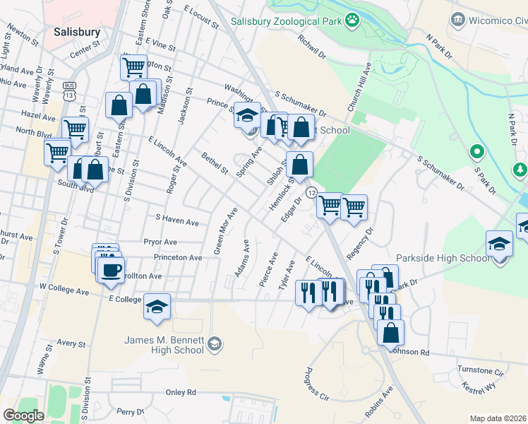 map of restaurants, bars, coffee shops, grocery stores, and more near 770 Hemlock Street in Salisbury