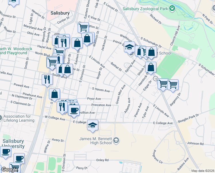 map of restaurants, bars, coffee shops, grocery stores, and more near 830 Springfield Circle in Salisbury