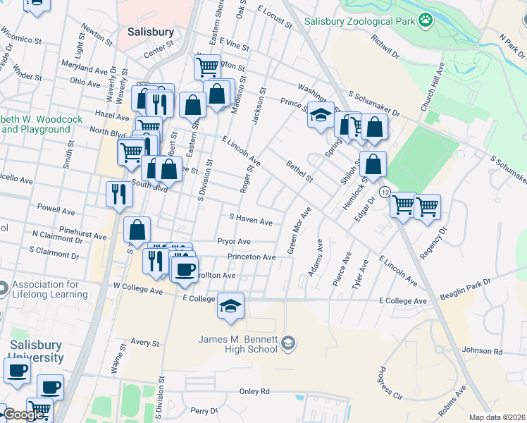 map of restaurants, bars, coffee shops, grocery stores, and more near 830 Springfield Circle in Salisbury