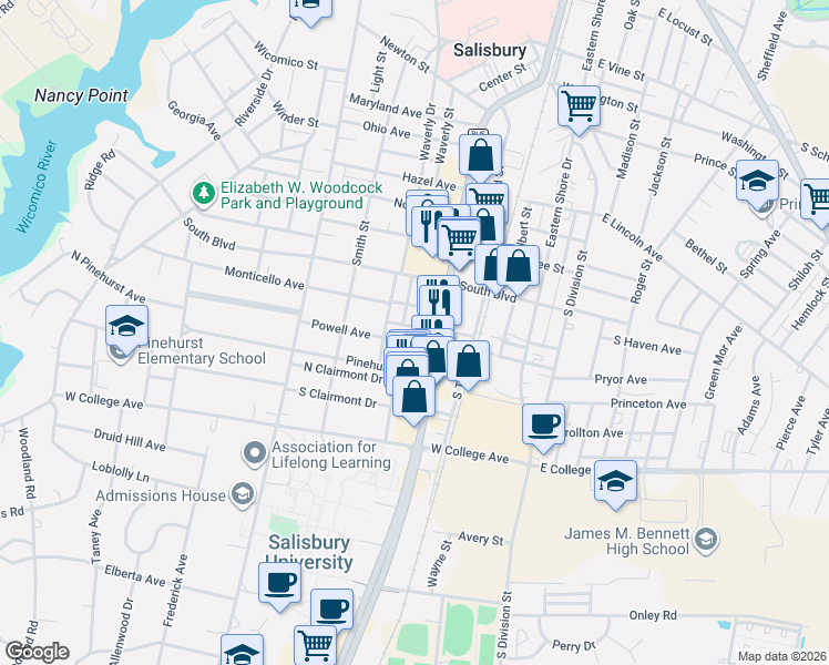 map of restaurants, bars, coffee shops, grocery stores, and more near 119 Cynthia Place in Salisbury