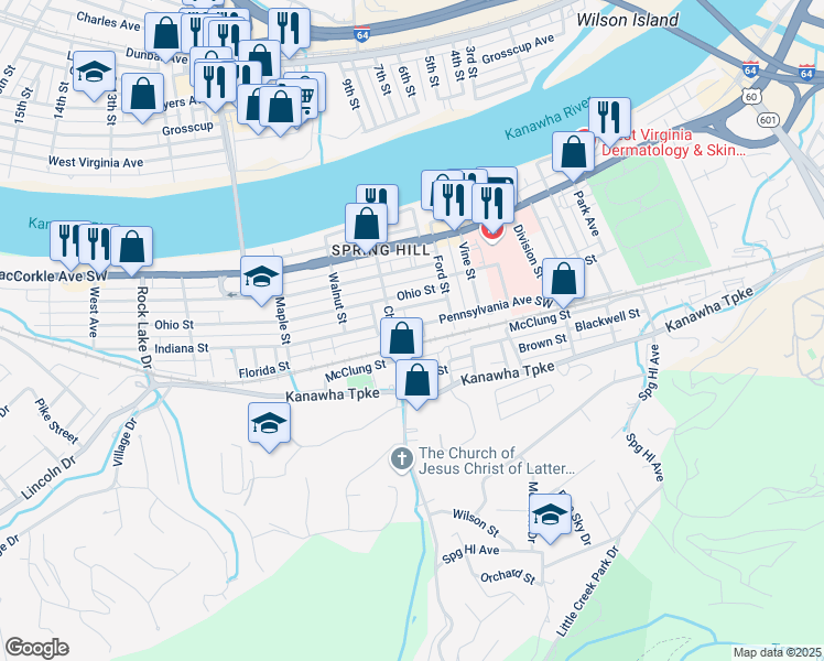 map of restaurants, bars, coffee shops, grocery stores, and more near 624 Chestnut Street in South Charleston