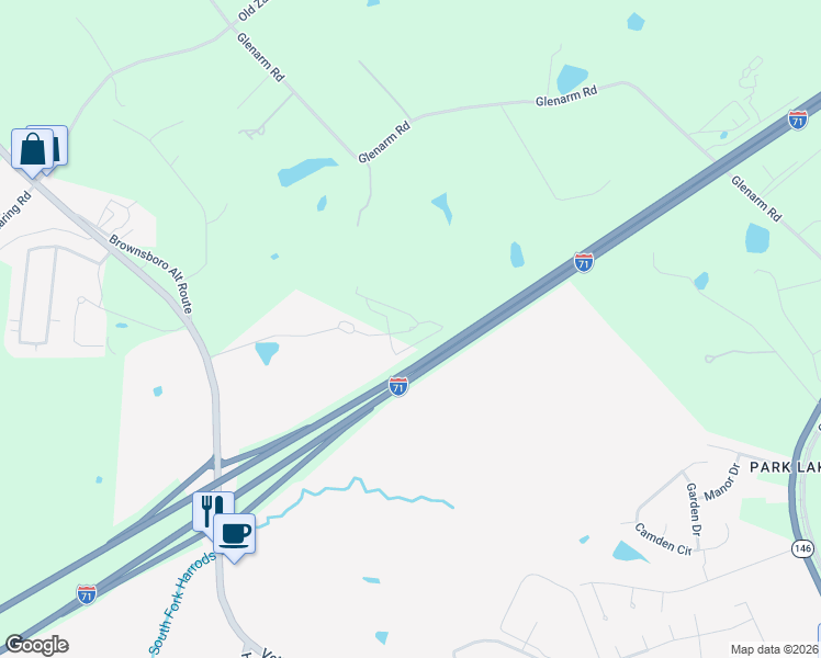 map of restaurants, bars, coffee shops, grocery stores, and more near 7329 Highway 329 in Crestwood